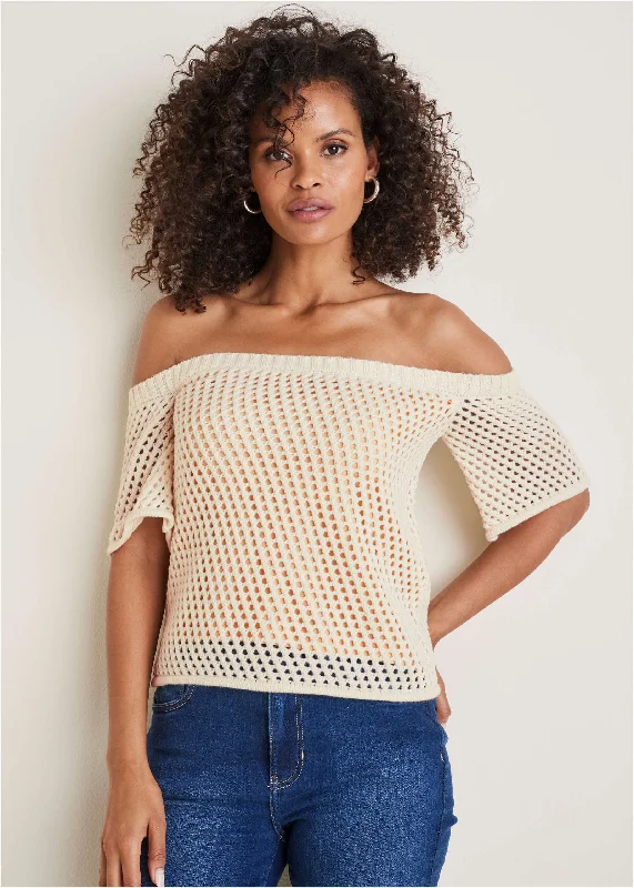 Off-Shoulder Knit Sweater - Off White Trendy Knit Sweater