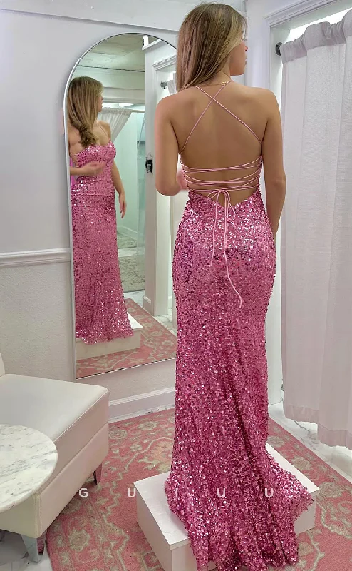 G3691 - Mermaid Strapless Straps Sleeveless Fully Sequined Criss-Cross Straps Long Prom Dress with Train Sequin Dress Chic
