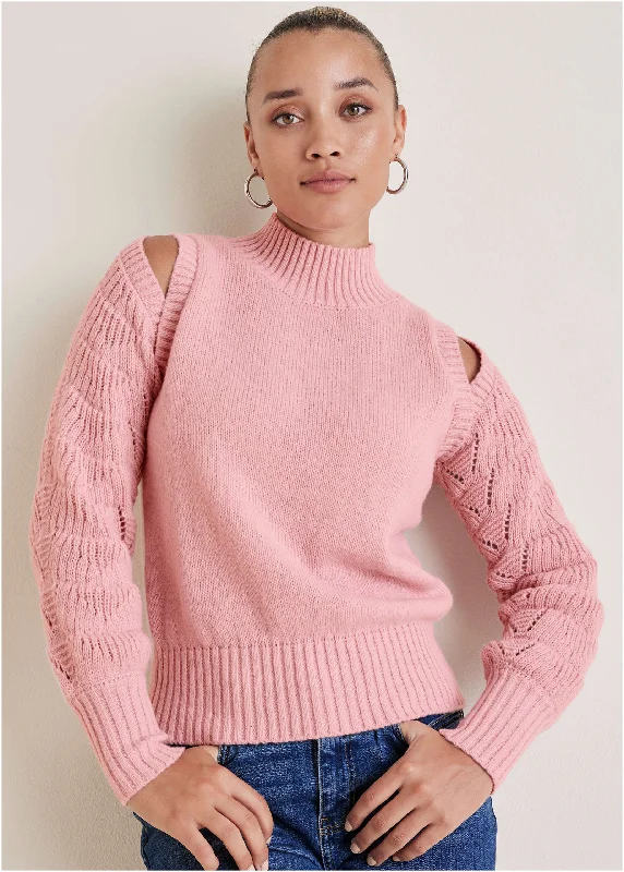 Cold Shoulder Sweater - Bleached Mauve Lace Sweater Dress