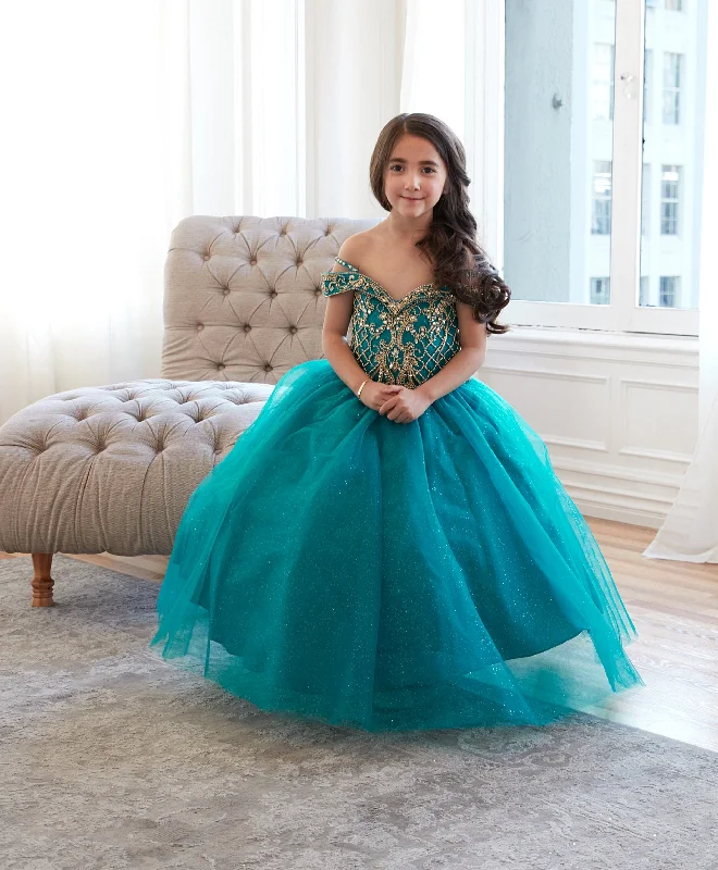 Girls Beaded Off Shoulder Tulle Gown by Calla KY232 Pleated Tulle Dress