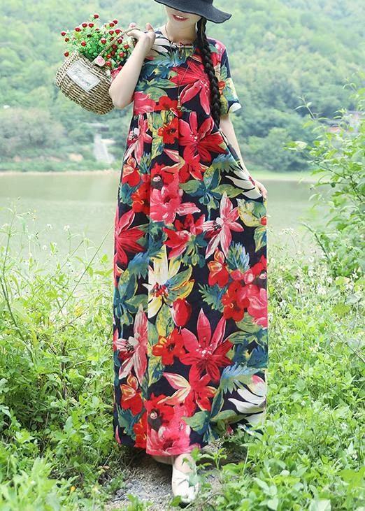 Natural blue linen clothes Fine Shirts prints Maxi summer Dresses Loose Shirt Dress