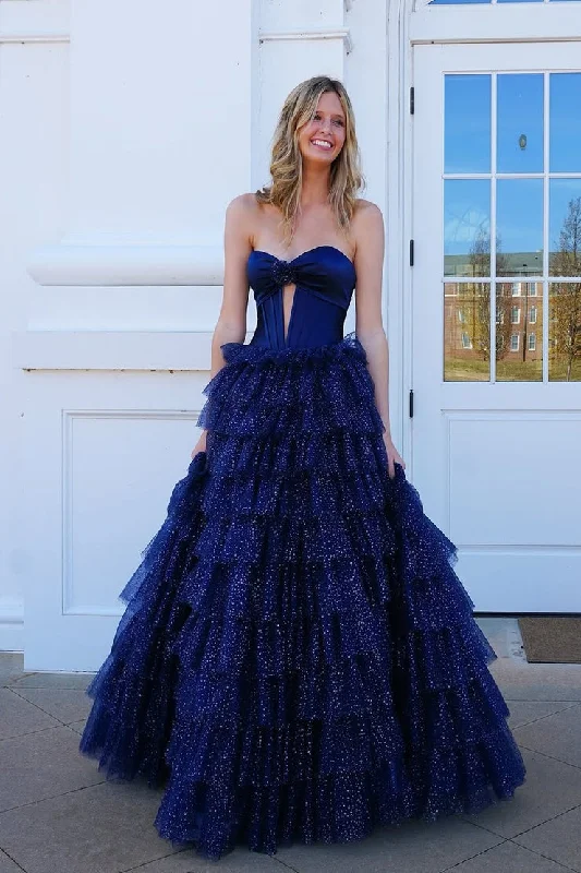 Navy Tulle Tiered Cute Ball Gown Sweetheart Keyhole Prom Dresses Tulle Skirt Dress