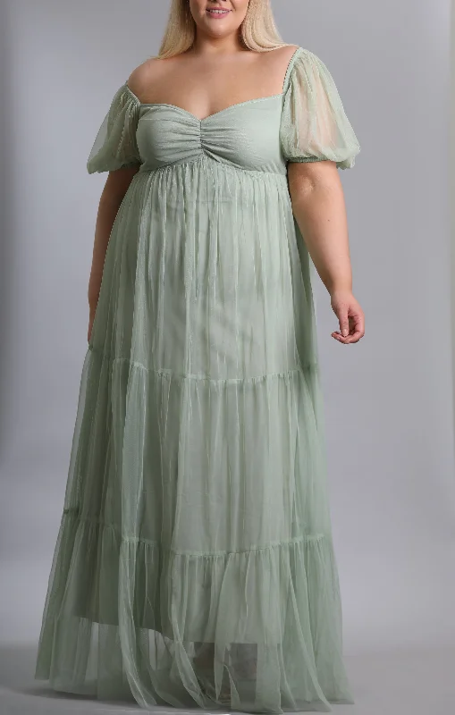 Puff Sleeve Tulle Dress In Sage Green Romantic Tulle Gown
