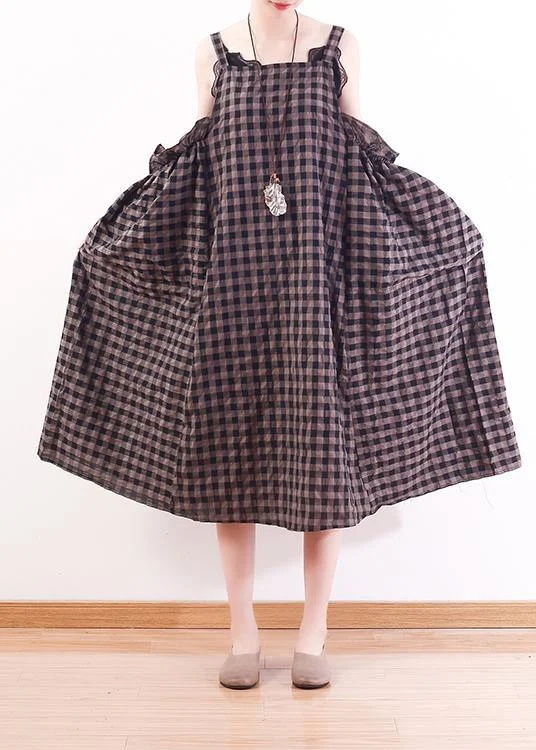 French gray Plaid cotton Long Shirts Omychic design Spaghetti Traveling Summer Dresses Shirt Dress Combo