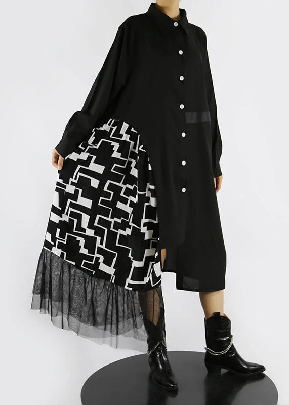 Loose Black button asymmetrical design Peter Pan Collar Patchwork shirt Dresses Spring Oversized Shirt Dress