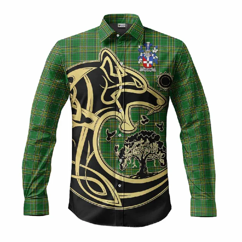 Keenan Irish Tartan Long Sleeve Button Shirt with Coat of Arms Celtic Wolf Style
