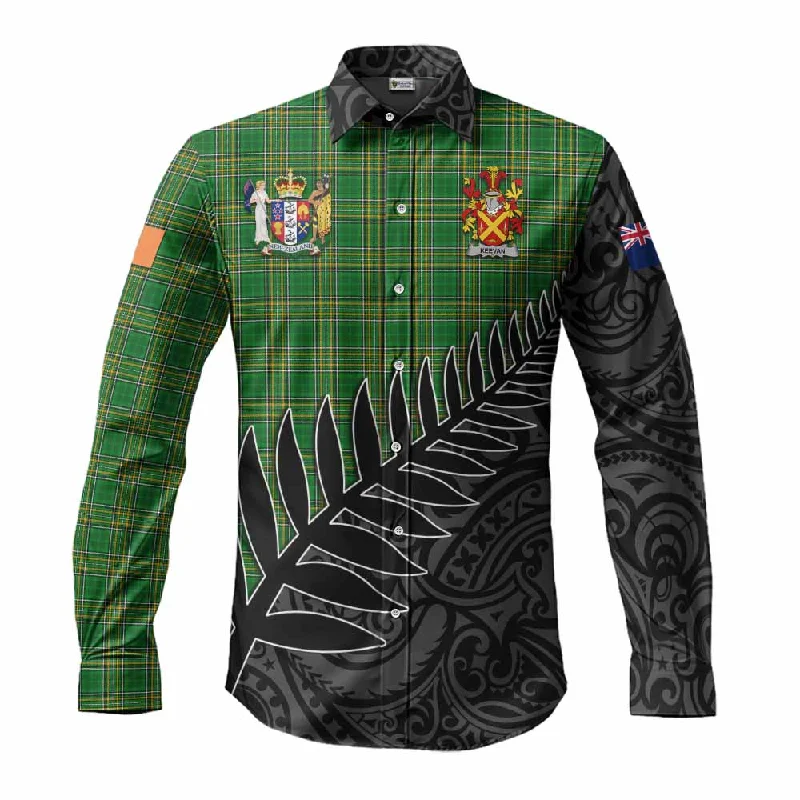 Keevan Irish Clan Tartan Long Sleeve Button Shirt with Coat of Arms New Zealand Silver Fern Half Style
