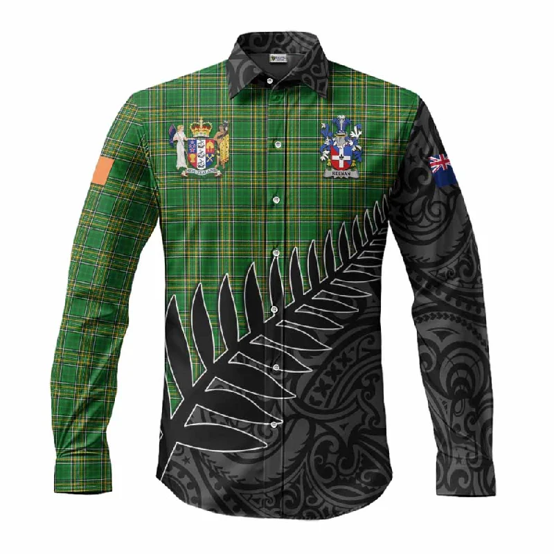 Keenan Irish Clan Tartan Long Sleeve Button Shirt with Coat of Arms New Zealand Silver Fern Half Style