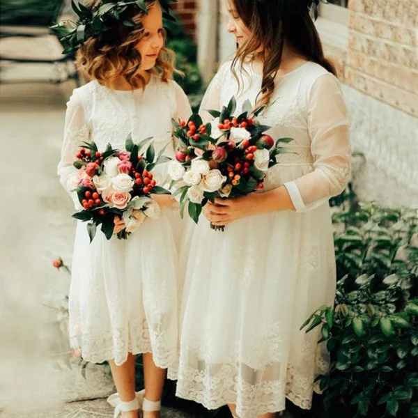 Cute Round Neck 3/4 Sleeves Lace Long Cheap Flower Girl Dresses, QB0110