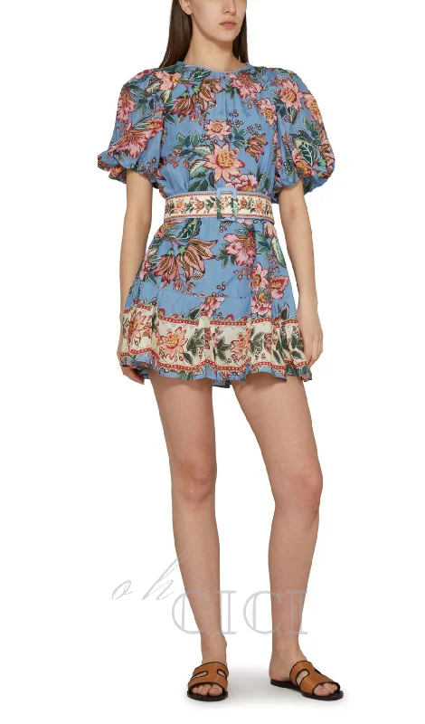 AMELIA BOUQUET PRINT MINI DRESS IN BLUE Edgy mini dresses