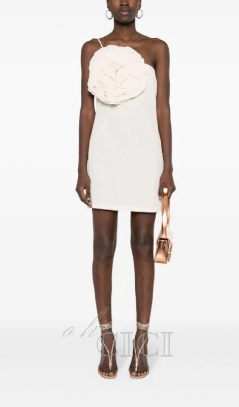 AMITY ONE-SHOULDER FLORAL-APPLIQUÉ MINI DRESS IN WHITE Velvet mini dresses