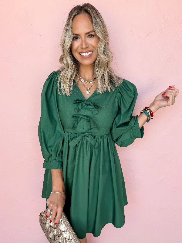 Just A Girl Bow Mini Dress-Hunter Green Summer mini dresses