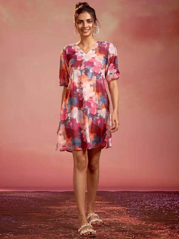Multicolor Floral Print Georgette Flared Mini Dress Red carpet mini dresses
