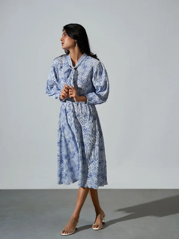 Sky Blue Pleated Tie Dye Dress- Viscose Fabric Sexy mini dresses