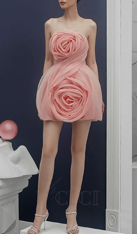 STRAPLESS 3D FLOWER MINI DRESS IN PINK Women's mini dresses