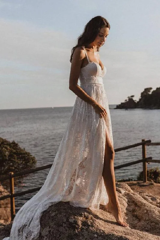 A-Line Lace Backless V-Neck Spaghetti Straps Lace Wedding Dress Floral Lace Wedding