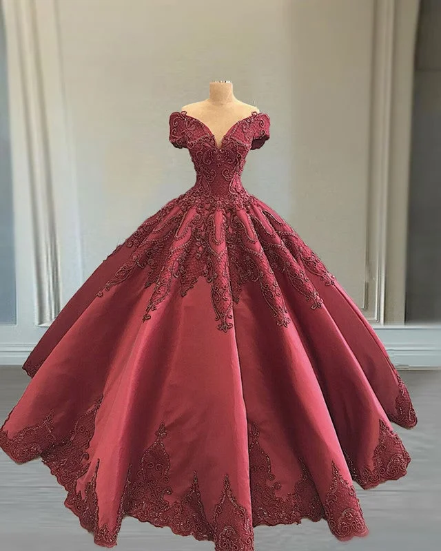 Luxury Lace Embroidery Ball Gown Off Shoulder Satin Dresses Off-shoulder Wedding Gown