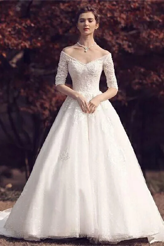 Beautiful Ivory Half Sleeves Long Lace Tulle Ball Gown Wedding Dress Ball Gown Wedding