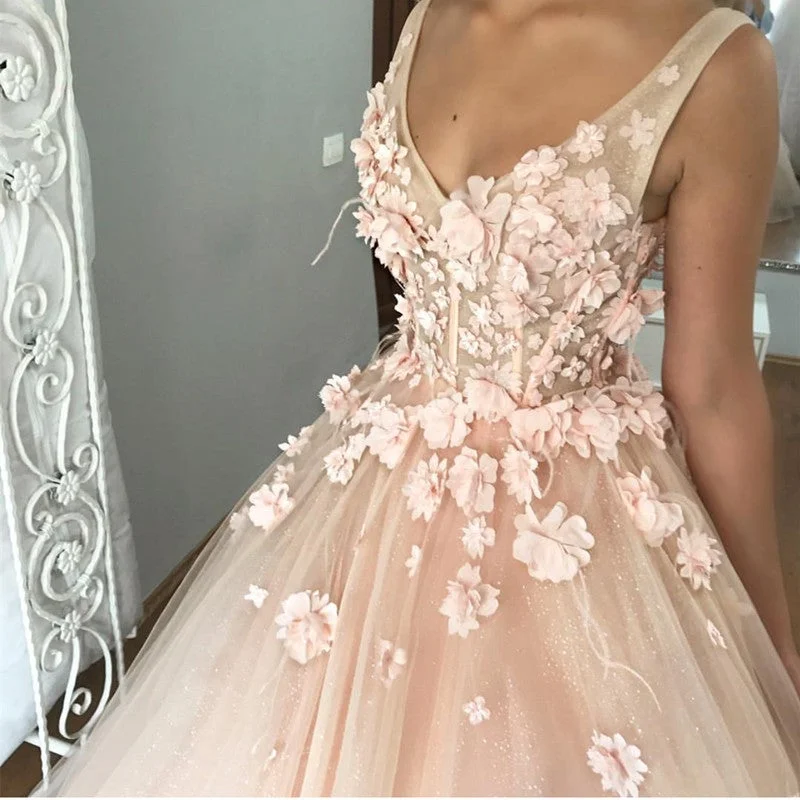 Blush Pink Tulle V Neck Ball Gown Flower Wedding Dresses Wedding Gown Set