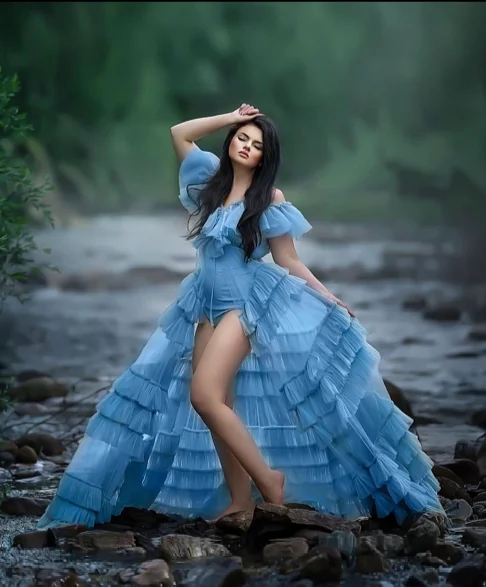 G2012, Blue Infinity Frill Trail Gown With Inner, Size(All) pp Boho Wedding Gown