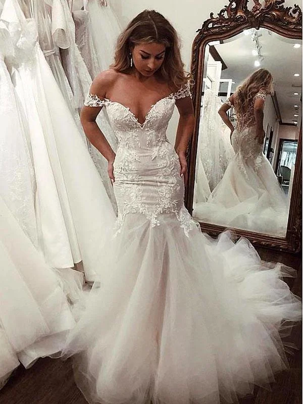 Mermaid Off-shoulder V-neck Appliques Long Tulle Wedding Dresses, WD0470 Lace Wedding Dress