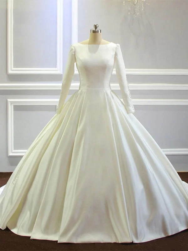 Simple Long Sleeves Satin Wedding Dresses with Train Sleeveless Wedding Dress
