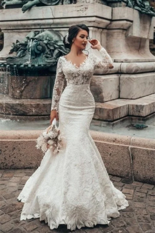 Stylish White Floral Lace Mermaid Bridal Dresses Long Sleeves V-Neck Spring Wedding Dress Mermaid Wedding Gown Stylish White Floral Lace Mermaid Bridal Dresses Long Sleeves V-Neck Spring Wedding Dress Mermaid Wedding Gown