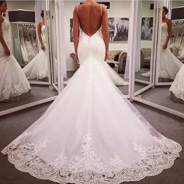 Sweetheart Open Back Mermaid Wedding Dresses Lace Appliques Sparkling Wedding Dress