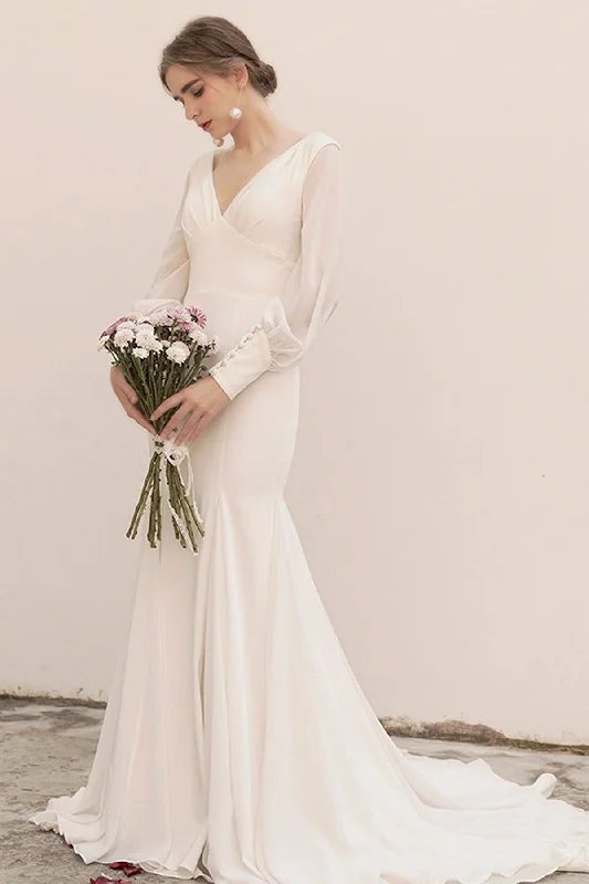 Trumpet Sweep-Brush Train Satin Chiffon Wedding Dress CW3038 Elegant Satin Dress