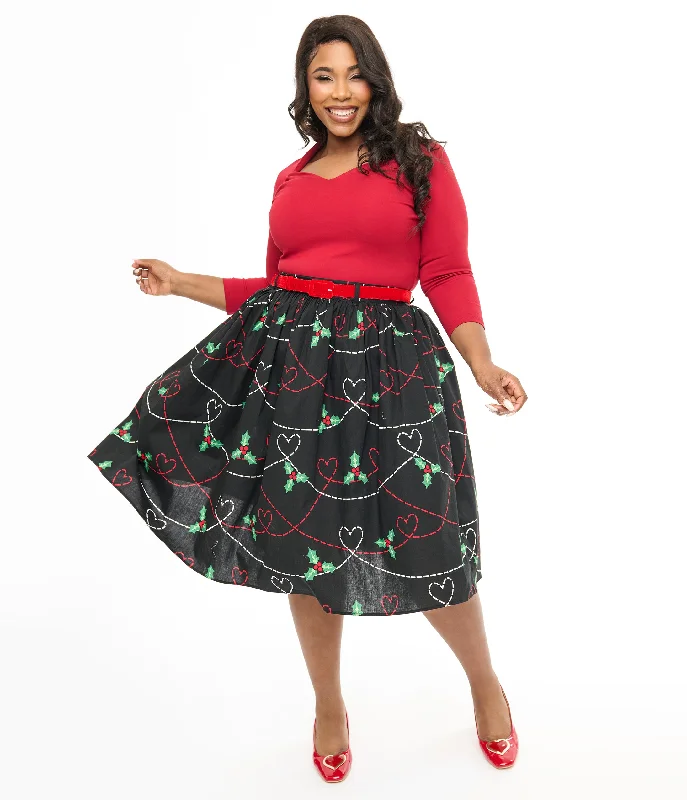 Hell Bunny Plus Size 1950s Festive Hearts & Holly Print Angelica Swing Skirt Minimalist unclassified skirts
