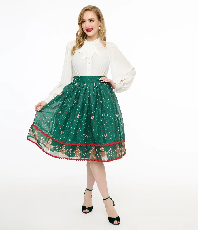 Unique Vintage 1950s Green Gingerbread Border Brilliance Swing Skirt High-waisted unclassified skirts