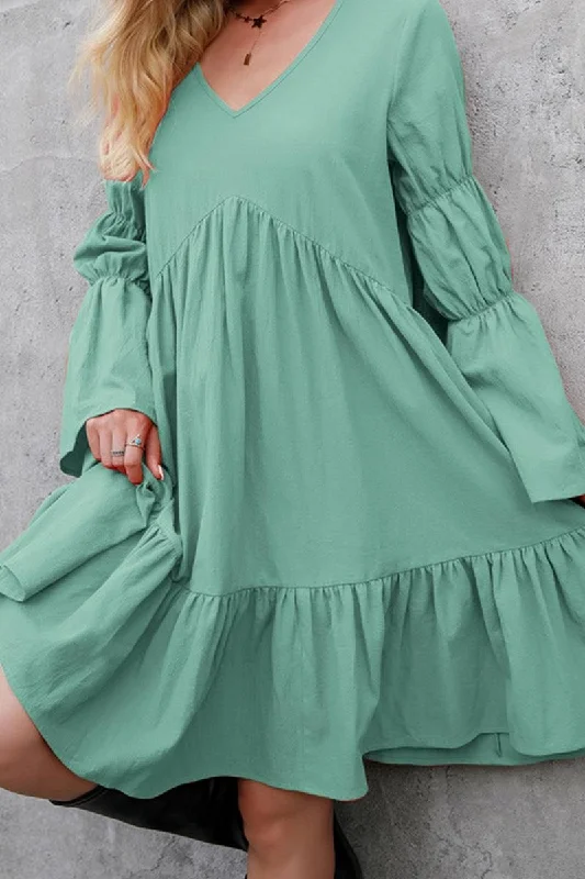 LONG SLEEVE RUFFLED MIDI DRESS Hot new arrivals in midi dresses