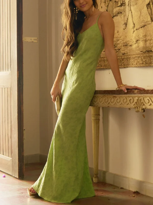 Elegant Lime Green Charming Jacquard V-Neck Maxi Dress Graduation maxi dresses