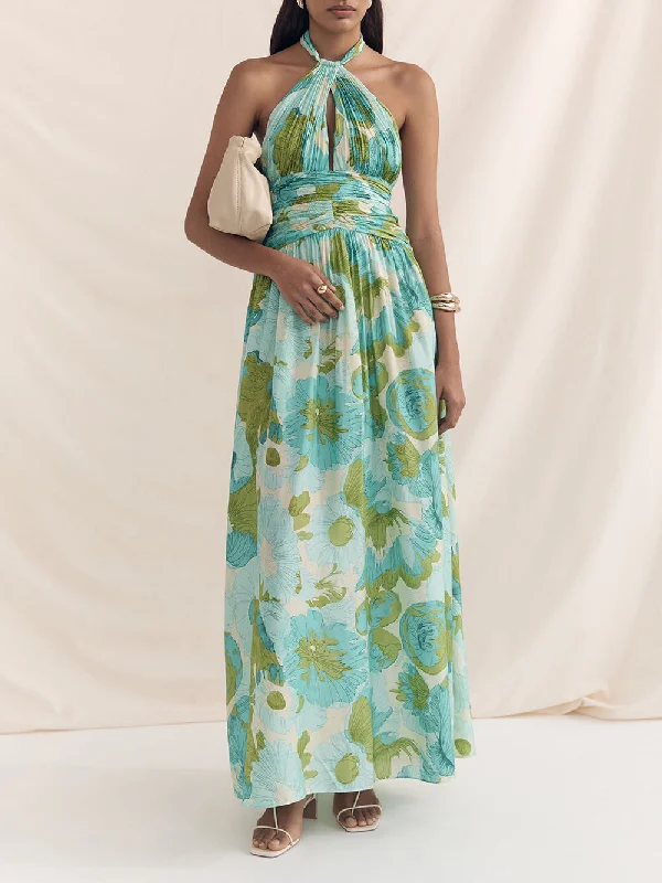 Elegant Versatile Halter Neck Graceful Printed Pleated Maxi Dress Sequin maxi dresses