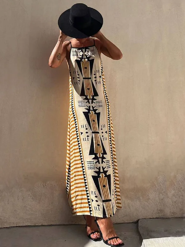 Ethnic Print Backless Charming A-line Maxi Dress Chiffon maxi dresses