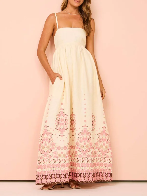 Ethnic Print Halter Charming Cream Extra Maxi Dress Denim maxi dresses