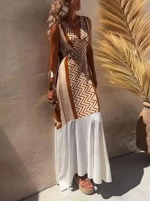 Ethnic Print Patchwork Charming A-line Maxi Dress Silk maxi dresses