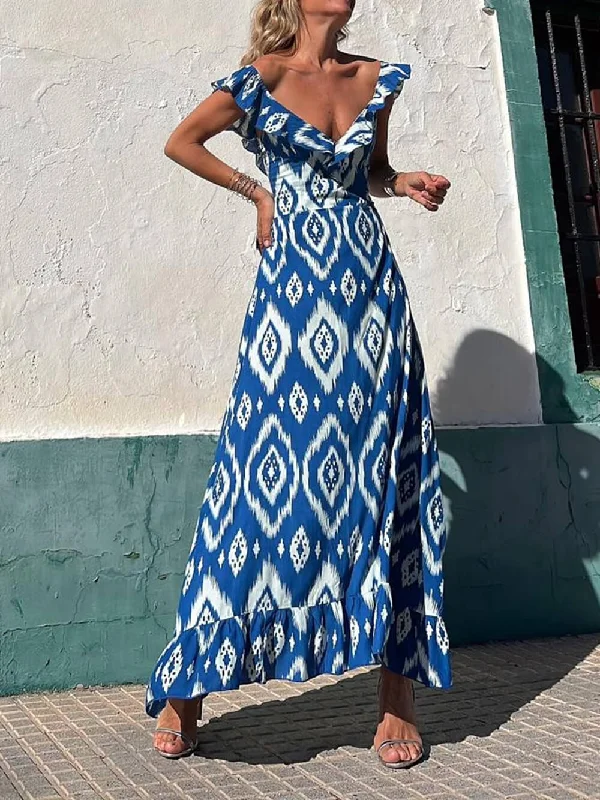 Ethnic Print Smocked Bust Graceful Ruffle Neck Maxi Dress Cotton maxi dresses