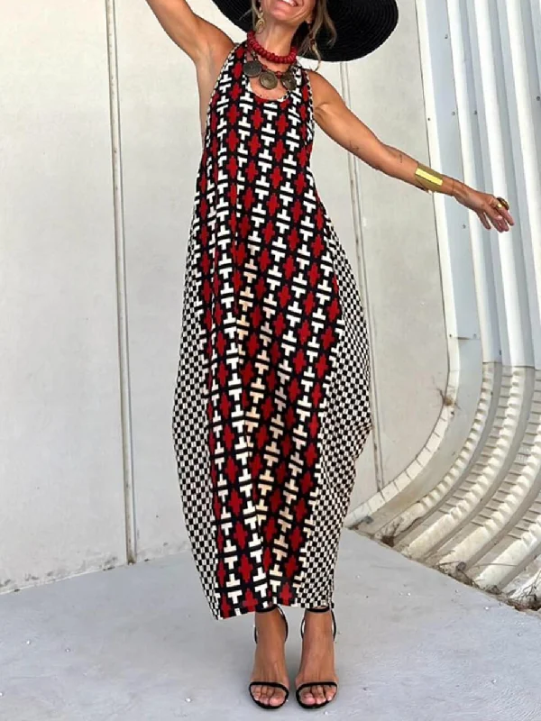 Ethnic Unique Print Lantern Graceful Cut Tank Maxi Dress Elegant maxi dresses