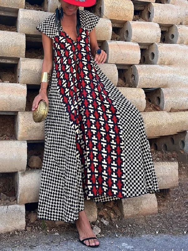 Ethnic Unique Print Ruffle Graceful Sleeve A-line Maxi Dress Casual maxi dresses