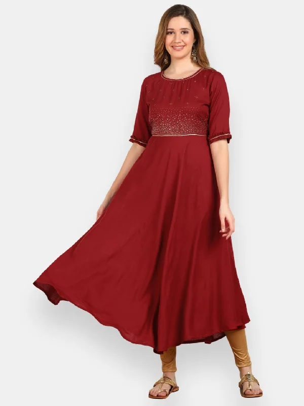 Embellished Flared Solid Kurta - Maroon Office unclassified dresses