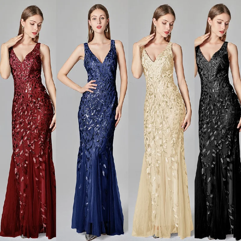 Silver Gray Elegant Fashion Evening Dresses Sexy Simple V Collar Open Back Sleeveless Embroidered Beads Fishtail Dress Gown Satin unclassified dresses