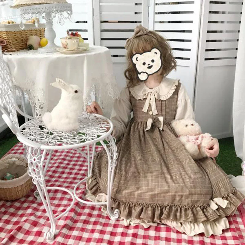 One Piece Plaid Frill Bow Sweet Lolita Stretchy unclassified dresses
