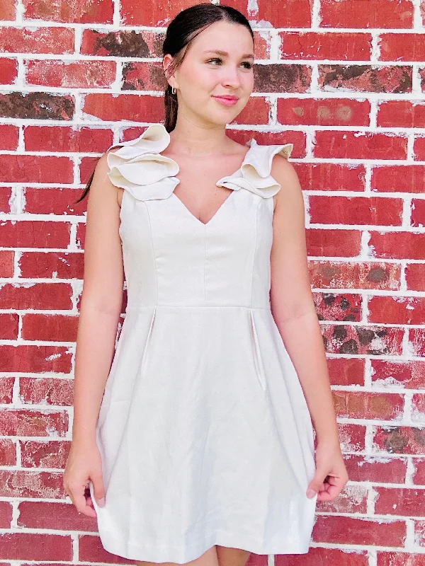 Cream Nude Before You Go Ruffle V-Neck Dress Travel unclassified dresses