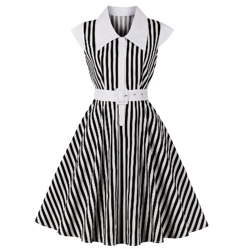 Black White Striped Cotton Robe Pin Up Swing Retro Vintage Dress With Pockets Streetwear Fall unclassified dresses
