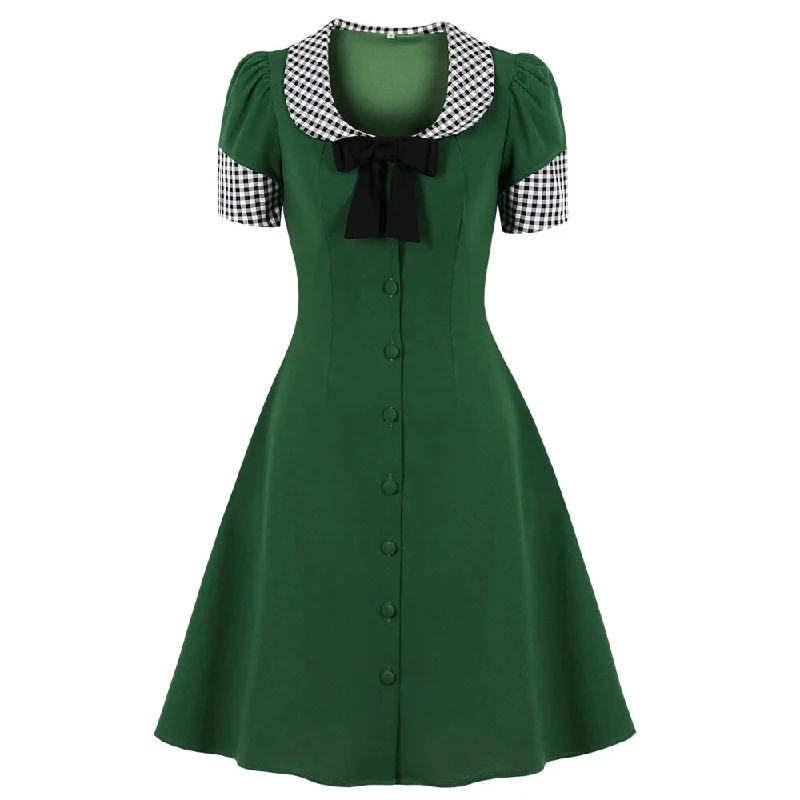 1950s Green Vintage Plaid Patchwork Bowknot Button Up Robe Retro Dresses Smocked unclassified dresses 1950s Green Vintage Plaid Patchwork Bowknot Button Up Robe Retro Dresses Smocked unclassified dresses