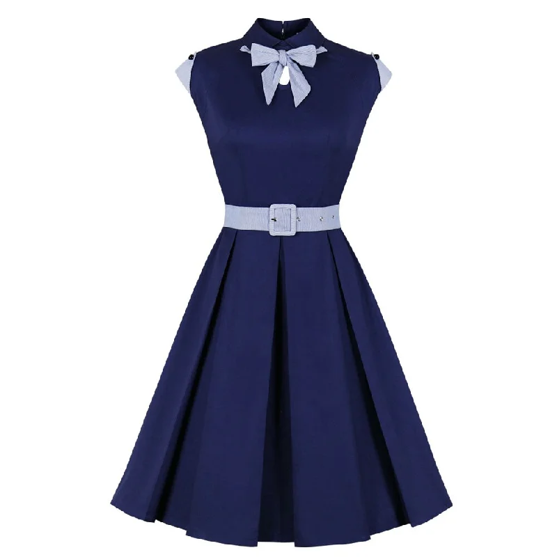 1950s Summer Vintage Cotton Striped Bowknot Belt Cotton Robe Pin Up Swing Retro Navy Blue Casual Dress Casual unclassified dresses 1950s Summer Vintage Cotton Striped Bowknot Belt Cotton Robe Pin Up Swing Retro Navy Blue Casual Dress Casual unclassified dresses