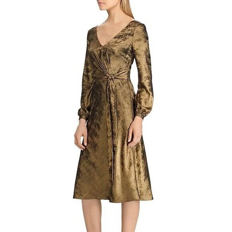 LAUREN RALPH LAUREN WOMEN'S MARLETTA FAUX WRAP SATEEN DRESS GOLD Embroidered unclassified dresses LAUREN RALPH LAUREN WOMEN'S MARLETTA FAUX WRAP SATEEN DRESS GOLD Embroidered unclassified dresses