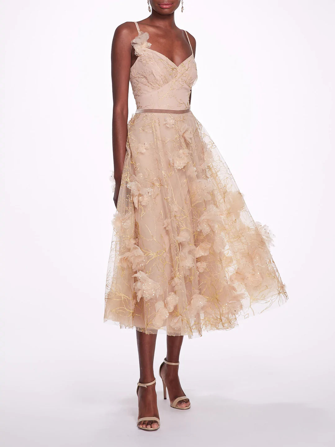 Marchesa Notte Embroidered Foiled Tea-Length Dress Stretchy unclassified dresses