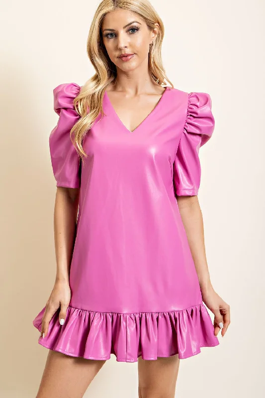 Pink Puff Sleeve Leather Dress Corset unclassified dresses